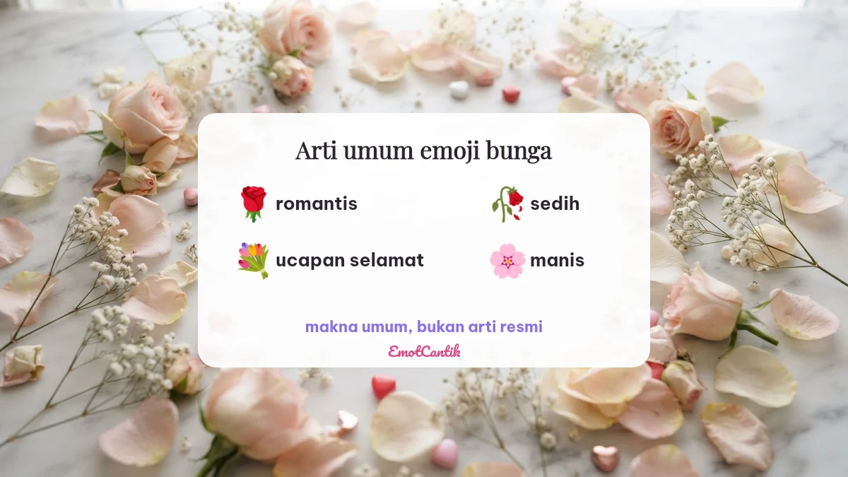 Arti umum emoji bunga: mawar romantis, bunga layu sedih, buket ucapan selamat, sakura manis