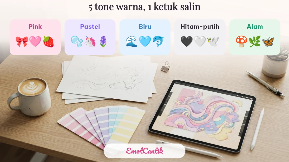 Emoji aesthetic per tone warna: pink, pastel, biru, hitam-putih, dan alam