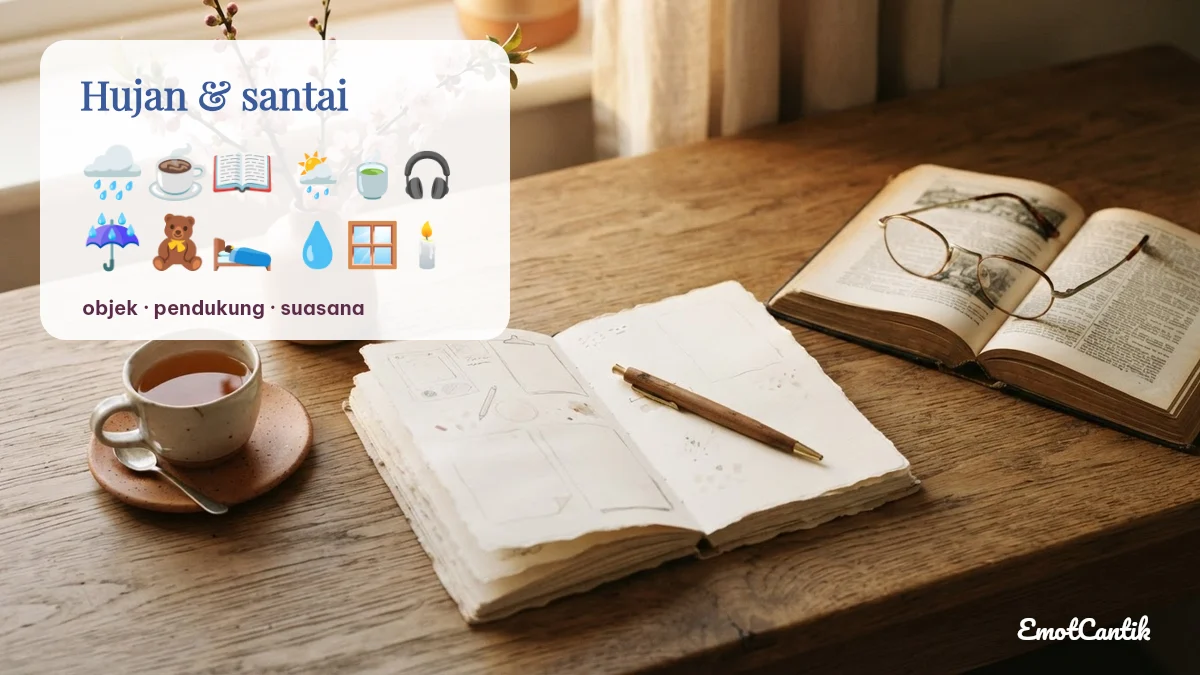 Kombinasi emoji tema hujan dan santai: objek, pendukung, suasana
