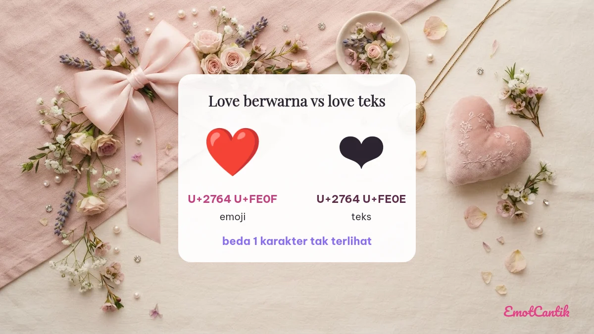 Perbedaan emoji love berwarna U+2764 U+FE0F dan love teks U+2764 U+FE0E