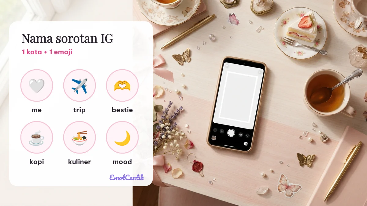 Contoh nama sorotan IG aesthetic dengan emoji: me, trip, bestie, kopi, kuliner, mood
