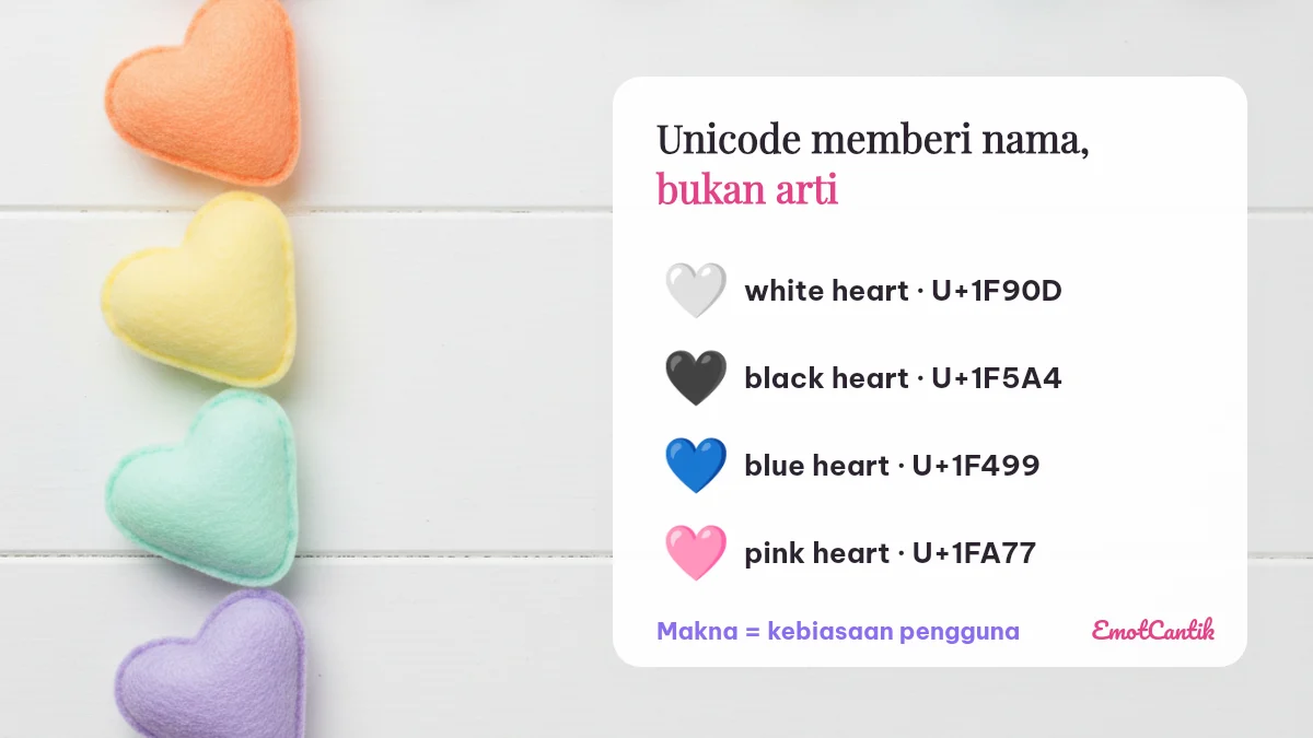 Unicode hanya memberi nama emoji love seperti white heart dan black heart, bukan arti resmi