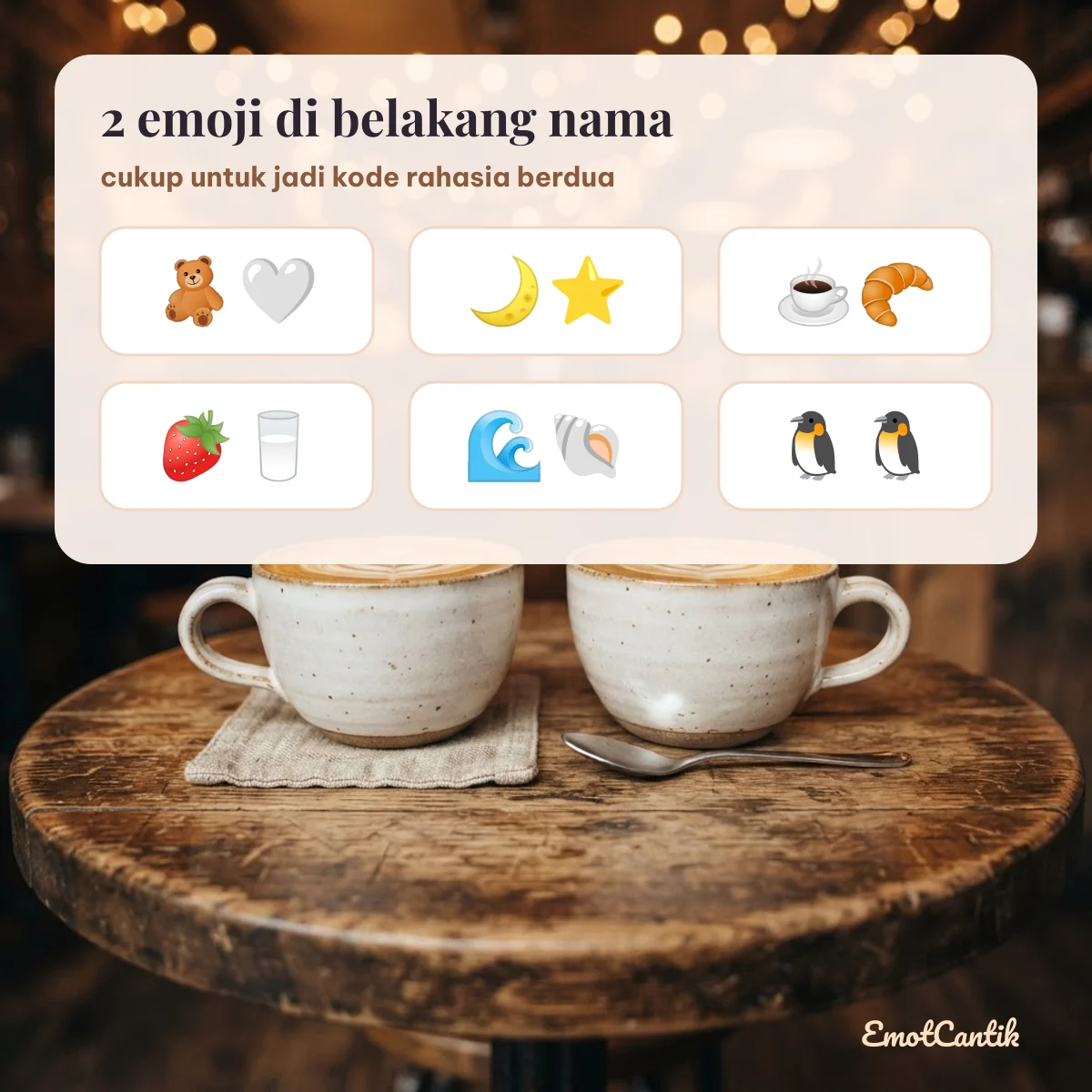 Pasangan emoji untuk nama kontak pacar: beruang dan hati putih, bulan dan bintang, kopi dan croissant