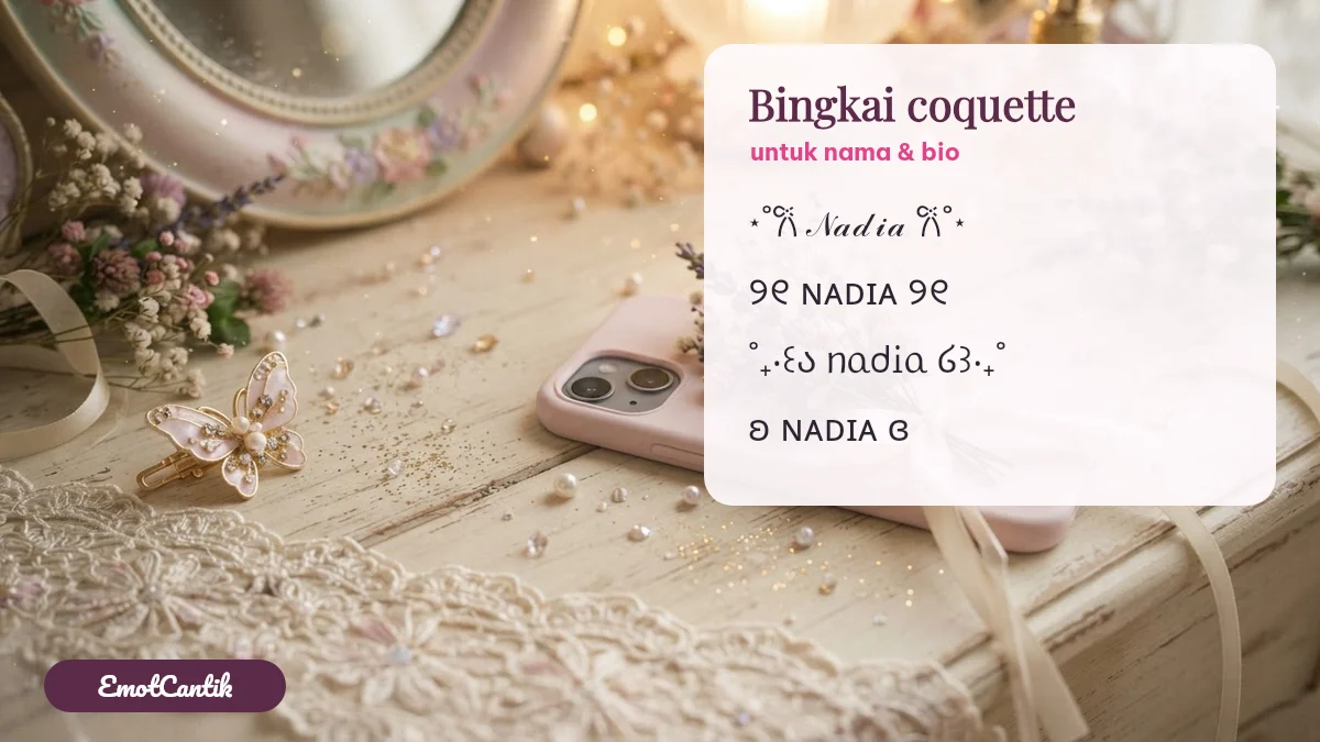 Contoh simbol coquette untuk nama dengan bingkai pita dan hati