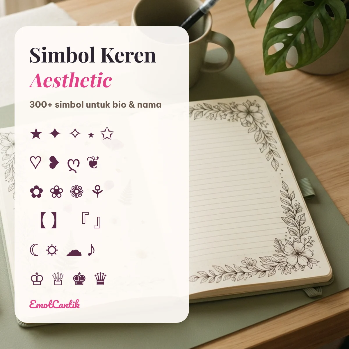 Simbol keren aesthetic untuk bio dan nama: bintang, hati, bunga, kurung dekoratif, bulan, dan mahkota teks