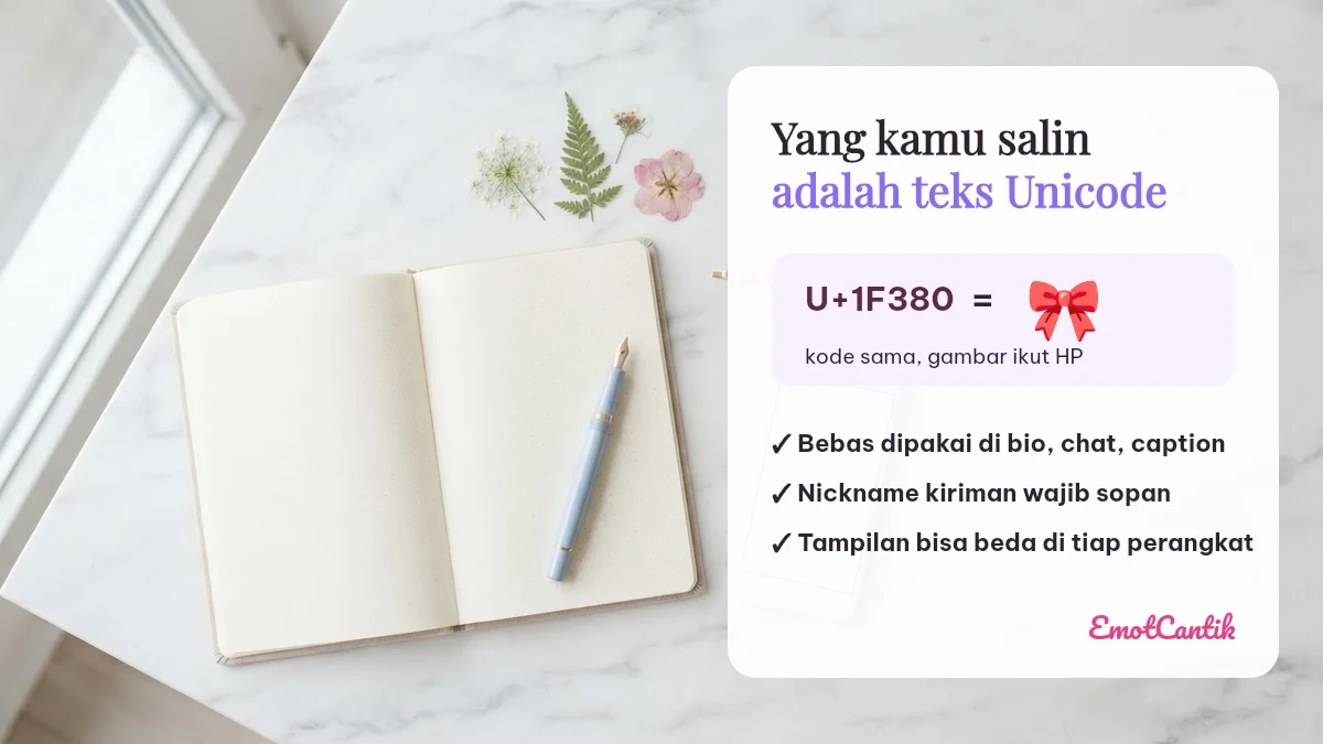 Emoji yang disalin dari EmotCantik adalah teks Unicode, contoh U+1F380 pita