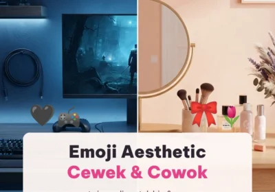 Emoji aesthetic cewek dan cowok: meja gelap dengan stik game dan meja pastel dengan pita, set siap salin