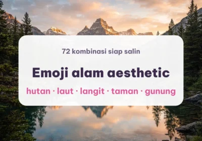 Danau pegunungan saat matahari terbit dengan pohon pinus, sampul emoji alam aesthetic
