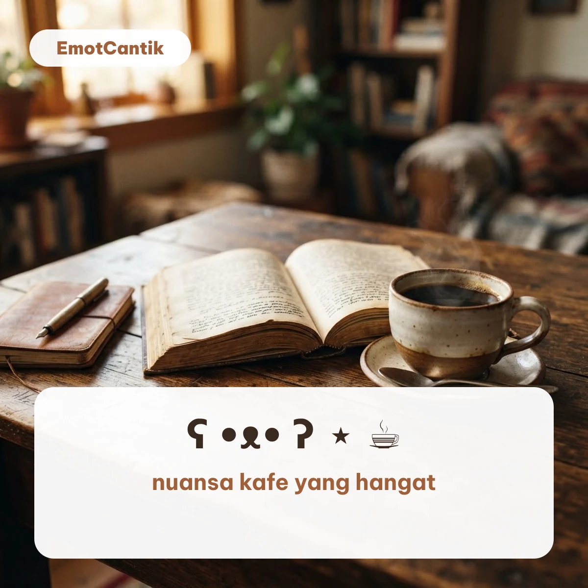 Kaomoji beruang dengan kopi ʕ •ᴥ• ʔ di atas latar buku terbuka dan cangkir kopi di meja kayu