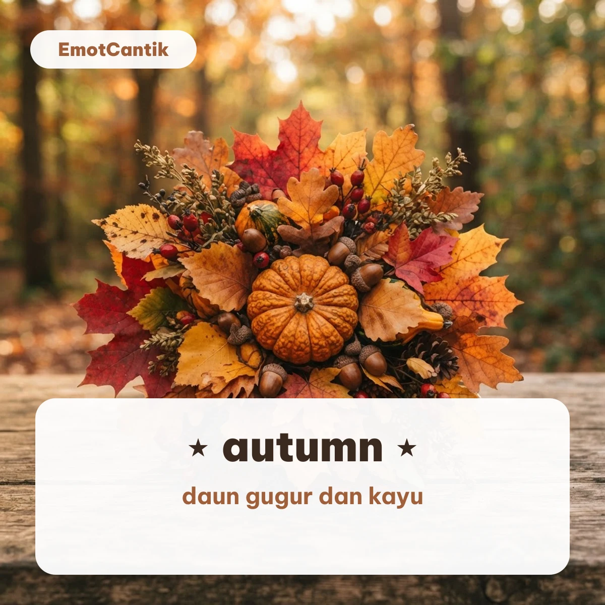 Tulisan autumn di atas latar rangkaian daun maple dan labu kecil di hutan musim gugur