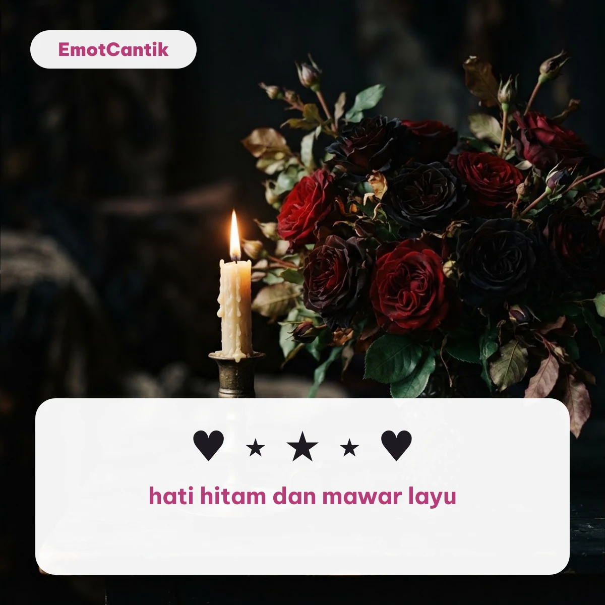Simbol hati dan bintang hitam di atas latar mawar merah tua dan lilin di meja gelap