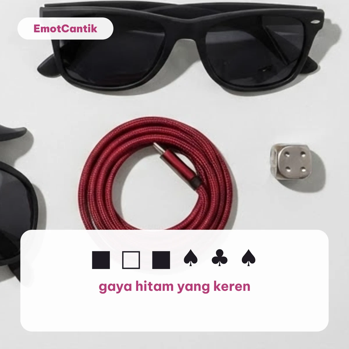 Simbol teks hitam ■ □ ♠ ♣ di atas latar kacamata hitam, kabel merah dan dadu