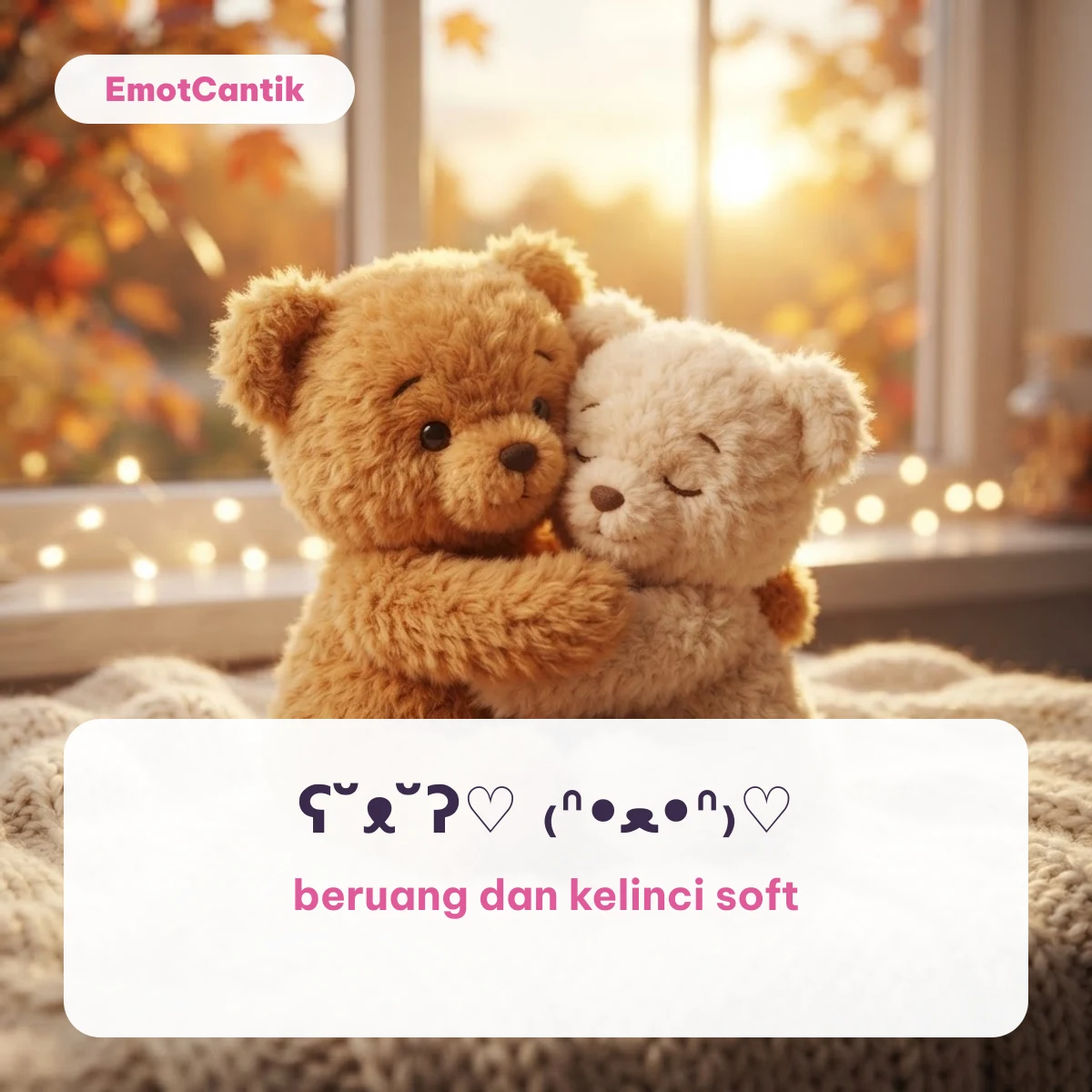 Kaomoji soft beruang ʕ˘ᴥ˘ʔ♡ dan kelinci di atas latar dua boneka beruang berpelukan